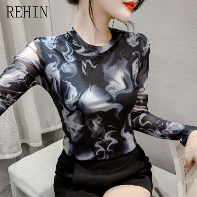 REHIN เสื้อผู้หญิงเข้ารูปแขนยาวพิมพ์ลายตาข่ายแฟชั่นสไตล์ยุโรป,เสื้อคอกลมเข้ารูปฟิตตัวยาวมาใหม่