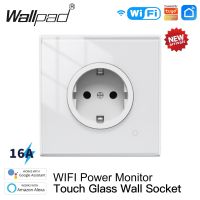 WiFi EU Socket 16A Glass Panel Outlet Power Monitor Tuya Smart Life App Alexa Touch Plug Relay Status Light Mode Adjustable Ratchets Sockets