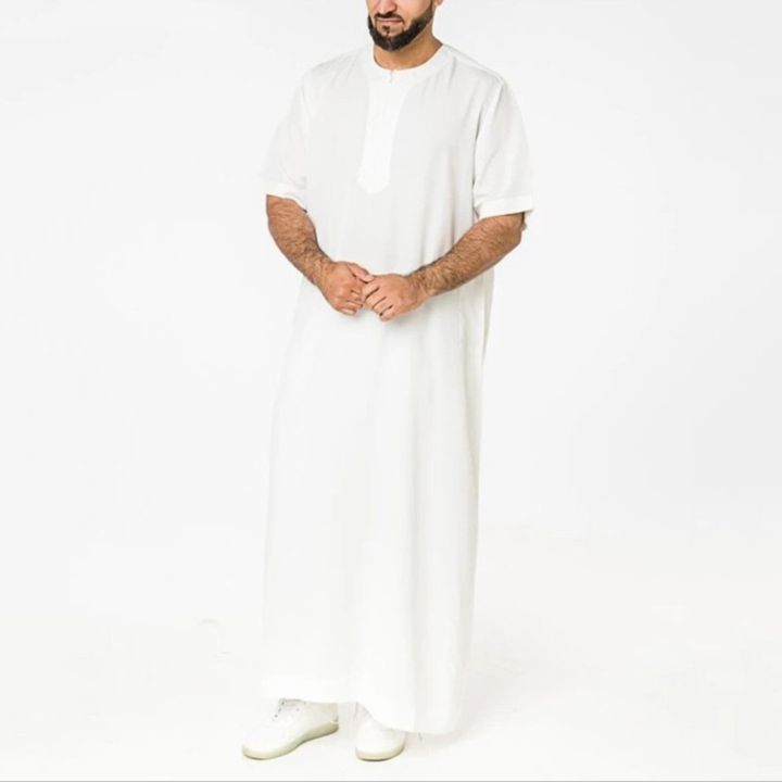 เสื้อคลุมมุสลิมคอกลมแขนสั้นมีซิปสไตล์สีทึบของบุรุษวินเทจมุสลิมอารบิกอิสลาม5xl-แบบดั้งเดิม