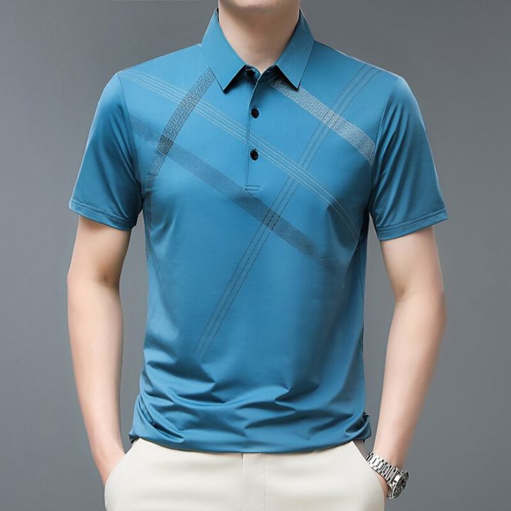 hot11-browon-men-t-shirt-business-cal-striped-print-regular-fit-summer-t-shirts-for-men-turn-down-collar-short-sleeve-men-tees-tops
