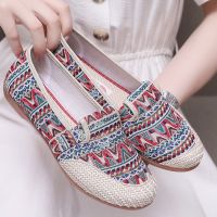 Summer Ladies Casual Comfort Bohemian Slip On Lazy Shoes Female Womens Flat Slip On Canvas Strap Loafers Straw Espadrilles