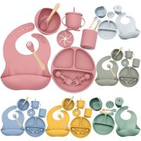 Baby Soft Silicone Tableware Set Baby Feeding Dishes Plate Sucker Bowl Bibs Spoon Fork Set Children Non-slip Dinnerware BPA Free Bowl Fork Spoon Sets