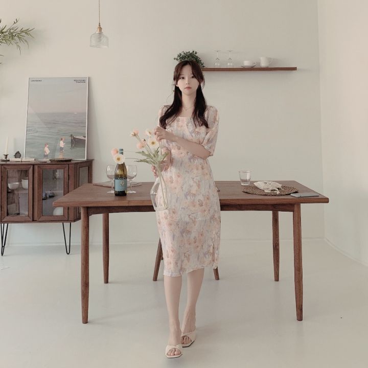 ชุดเดรส-ผ้าชีฟอง-พิมพ์ลายดอกไม้-สไตล์เกาหลี-43730