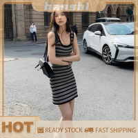 hanshi [2023 new HOT FASHION] lazlook ชุดเดรสมิดิถักลายทางสำหรับผู้หญิงเดรสคอกลมแนวสตรีทมหาวิทยาลัยสำหรับเด็กผู้หญิงฤดูร้อน