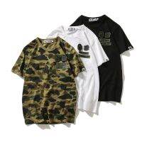 Bape 5แถบแขนสั้นของผู้ชาย,ผ้าฝ้ายขนาดใหญ่บริสุทธิ์ติดเวลโครเสื้อยืดสตรี