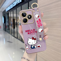 Case4you สำหรับ Realme C53 Realme Narzo N53 (มีสายรัดข้อมือ) นุ่มขอบสี่เหลี่ยมการ์ตูนน่ารัก (เฮลโหลคิตตี้) ปลอกชุบเคสโทรศัพท์สุดหรูชุบเคสโทรศัพท์นิ่ม