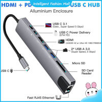 ฮับ USB 8-In-1ตัวแปลงแบบหลายพอร์ตอะแดปเตอร์3.1-4K RJ45ตัวอ่านบัตร TF PD ชาร์จเร็วใช้ได้กับ MacBook