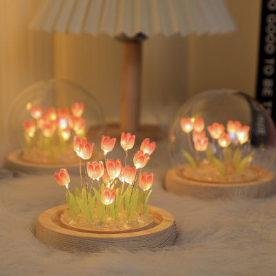 สองแสงในกลางคืนกระจกทิวลิปทำด้วยมือวัสดุ DIY ไฟตกแต่งโต๊ะบรรยากาศไฟ Qixi ของขวัญเทศกาล Linguaimy