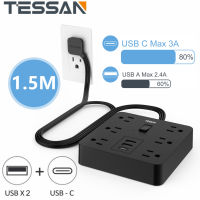 Flat Plug Extension Cord 1.5M, TESSAN Surge Protector Power Strip with 6 Outlets and 3 USB Ports, 1700 Joules, Desktop Black Long Power Cord for Indoor Home Office School Dorm Room Essential