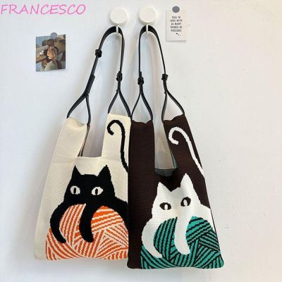 Francesco กระเป๋าถือ กระเป๋าเครื่องสําอาง กระเป๋าช้อปปิ้ง ผ้าถัก ขนาดใหญ่ จุของได้เยอะ ลายการ์ตูนแมว แบบเรียบง่าย สไตล์วินเทจ สําหรับผู้หญิง