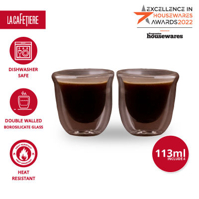 La Cafetiere Set of 2 Double-Wall Insulated Glass Espresso Cups with Handle, Clear Glass Cups for Latte , Cappuccino , Tea Bag , Hot &amp; Cold Beverages แก้ว2ชั้น เซต 2 ชิ้นแบบใส