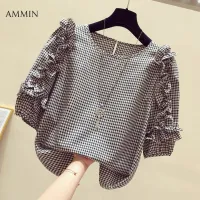 AMMIN Tops 2022 summer new style simple round neck plaid pleated wood ear stitching short-sleeved chiffon shirt women