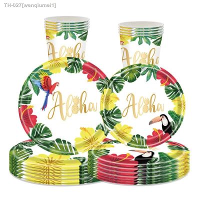 ❉ Hawaii Theme Disposable Tableware Flamingo Tablecloth Banner Disposable Paper Cups Plates Napkins Hawaiian Aloha Party Decor
