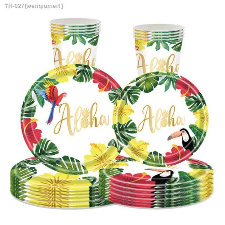 hawaii-theme-disposable-tableware-flamingo-tablecloth-banner-disposable-paper-cups-plates-napkins-hawaiian-aloha-party-decor