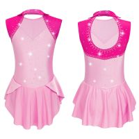 ☜✒✾ Rhinestone Mesh Splice Figure Ice Skating Dress Kids Girls Sleeveless Gymnastics Ballet Leotard Dress Performance Dance Costumes