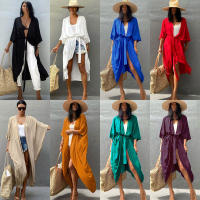 Solid Bohemian Tunic Dresses Beach Cover Up Women Solid Swimsuit Cape Loose Summer Swimsuit 2023 New Self Belt Kimono Wrap Dresses Beachwear Bathing Suits