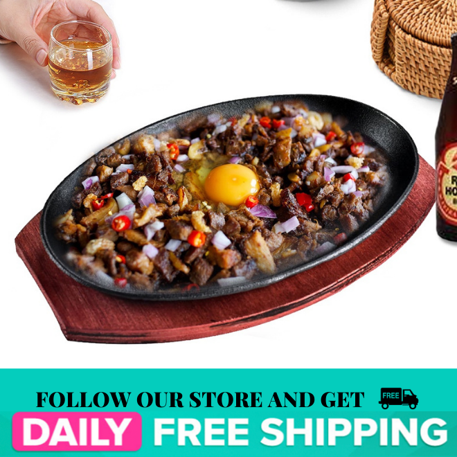 Oval Sizzling plate with wood base Sizzling Plate Cast Iron Plate