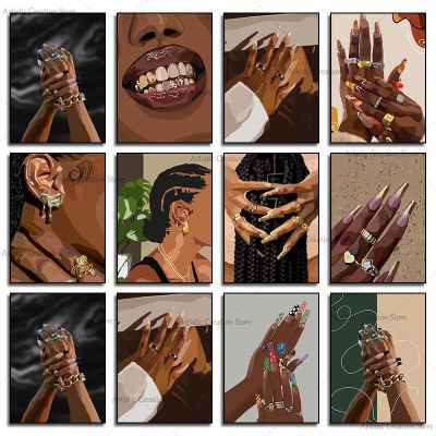 Black Art Grillz Print Poster African Black Woman Beautiful Nails Canvas Painting Pictures Living Room Beauty Salon Room Decor