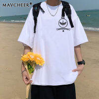 MAYCHEER เสื้อยืดแขนสั้นสำหรับผู้ชาย,เสื้อยืดแขนครึ่งคอกลมปักลายคลาสสิคทรงหลวม