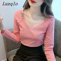 Luxqlo เสื้อยืดผู้หญิงแขนยาวคอวี,เสื้อผู้หญิงพอดีตัวหวานขนาดพลัสไซส์