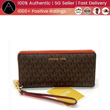 Michael Kors Jet Set Large Continental Wallet Wristlet MK Brown Flame Red