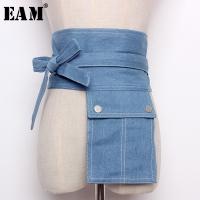 【YF】 [EAM] 2023 New Fashion Denim Patchwork Pockets Bow Adjustable Waist Woman All-match S828