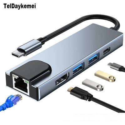 5 in 1 USB C Hub Type C To 4K HD Adapter with RJ45 Network 100M 1000M Ethernet Lan Charger Port Adapter For Macbook Pro