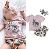 FOCUSNORM 0-24M Easter Days Baby Girls Cute Clothes Sets 3pcs Rabbit Printed Short Sleeve T Shirts+Printed Shorts Headband  by Hs2023