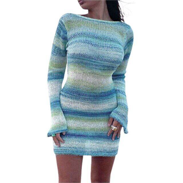 women-dress-long-sleeve-round-neck-wrapped-tight-club-prom-birthday-celebrity-party-knit-striped-midi