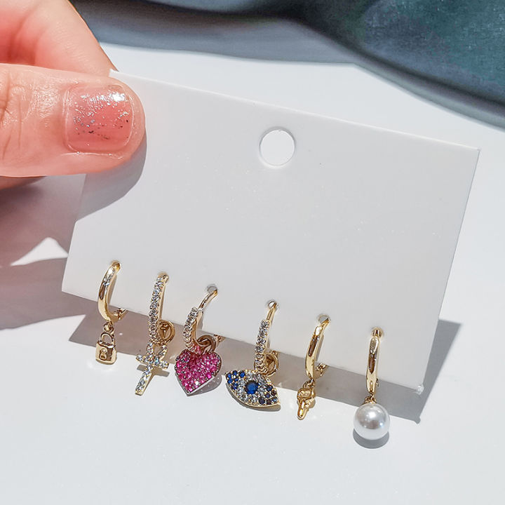 anenjery-6-piecesset-925-sterling-silver-eyes-key-lock-heart-hoop-earrings-for-women-pearl-zircon-creative-earrings-wholesale