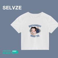 SELVZE เสื้อยืดสั้นลายการ์ตูนผู้หญิง,ลำลองเกาหลี