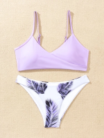 ชุดว่ายน้ำบิกินี่คอ Surplice ลายปาล์ม Palm Print Surplice Neck Bikini Swimsuit