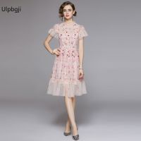 round Neck Ruffled Short Sleeve Light Luxury Mesh Embroidered Waist-Controlled Large Hem Short Positioning Flower Dress