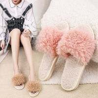 House Women Curly Fur Slippers Chic Open Toe Bedroom Ladies Plush Shoes Indoor Warm Girls Flat Fluffy Slippers