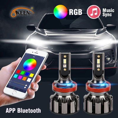 OKEEN New H4 H7 RGB LED Headlight Bulbs Headlamps Car APP Bluetooth Voice Music Control 6500K Colorful Headlights 12V 24V