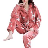 Winter Pajamas Set Women Sleepwear Warm Flannel Long Sleeves Pajamas Pink Cute Animal Homewear Thick Home Suit