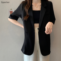 เสื้อเบลเซอร์ผู้หญิงแนวสปอร์ตแขนสั้นเสื้อแจ็คเก็ตหนังสำหรับผู้หญิงใส่ทำงานแบบบางลำลองฤดูร้อน