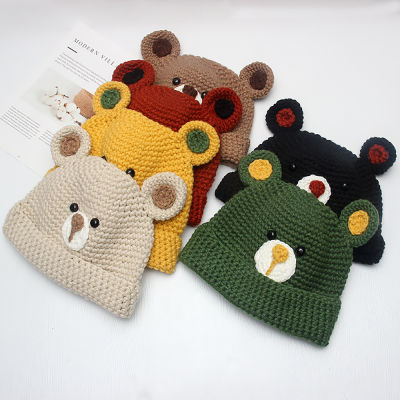 หมวกรูปหมี3D น่ารักหมวกผ้าขนสัตว์ทอมือหมวกฤดูใบไม้ร่วงฤดูหนาวอบอุ่นหมวกหมวกไหมพรมถักหมวกคู่ดีไซน์มีหูขี้เล่น