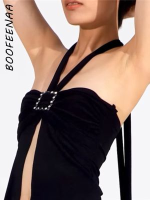 BOOFEENAA เสื้อเปิดหลังคล้องคอสำหรับผู้หญิงเสื้อคร็อปสีดำฤดูร้อน2023 C71-16เสื้อผ้าแฟชั่นอินเทรนด์