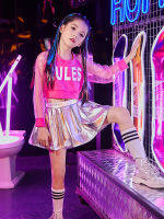 ZZL K-Pop ชุด Urban Dance เสื้อผ้าเด็ก Hip-Hop หญิง Jazz Dance Holiday Performance เสื้อผ้า2 Pcs สีชมพูเงินสี...