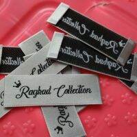 Custom white satin clothing End fold woven label script letters 60 mm * 20 mm Labels