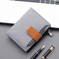 Dompet Pria Kanvas dan Kulit PU Abu-abu/Biru/Hitam Dompet Pria Pendek Pengait/Ritsleting Dompet Casing Penyimpan Kartu Kredit untuk Pria Tas Uang