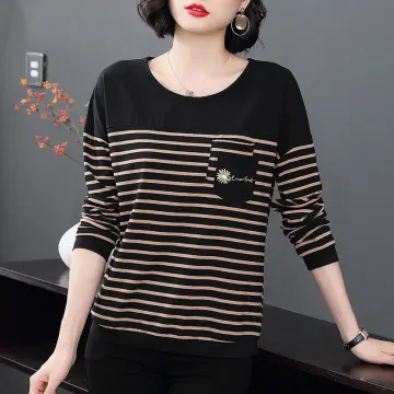 Fall Korean Women Casual Loose Stripe Long Sleeve T Shirt Top