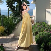 French pure color loose show thin straps dress female summer new sexy backless leisure long skirt