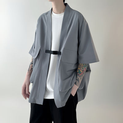 เสื้อคาร์ดิแกน Kimono Lelaki Fesyen Plus Saiz Baju ยอดนิยมเสื้อเสื้อเชิ้ตทำงานมีกระเป๋าขนาดใหญ่ Jepun 2023