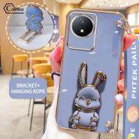 สายรัดข้อมือยาวเคสสำหรับ Vivo Y02 Y02A Y02T กระต่ายที่แขวนเชือกหรูหราชุบนิ่มป้องกันกล้องสี่เหลี่ยมเคสยางป้องกันการตก