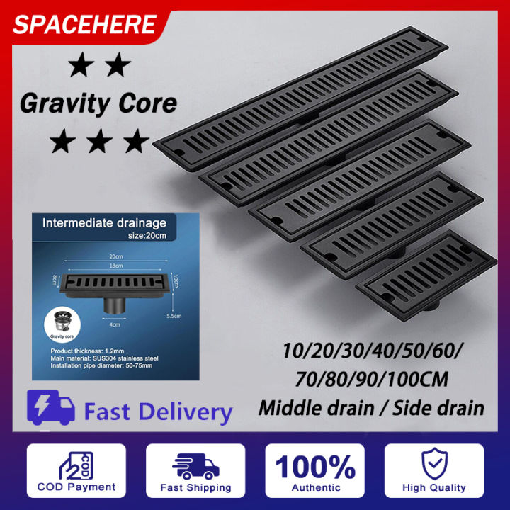 BABEDUO 20100cm Black Side Outlet Shower Drain Stainless Steel