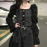 Korean Plaid Patchwork Women Blouses Puff Long Sleeve Slim High Waist Short Shirt New Blusas Femme Top Blusas Mujer De Moda 2021