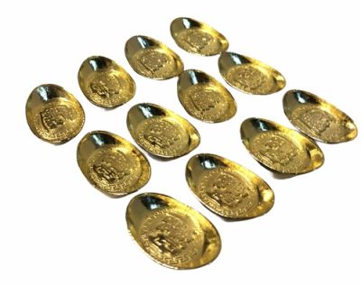 ก้อนเงินทองโลหะเคลือบทอง K หรือ อ่วงป้อ เงินจีนโบราณ เงินตำลึงจีน สัญลักษณ์ของความร่ำรวย ขนาด ขนาด 3x1.25x1.5 cm.