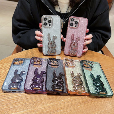 เคสสำหรับ iPhone 14 13 12 11 Pro Max X XS XR 14 Plus เคสอิเล็กโทรเพลทสุดสรูลายกระต่ายกลิตเตอร์กรอบโทรศัพท์เคสป้องกันโทรศัพท์ TPU